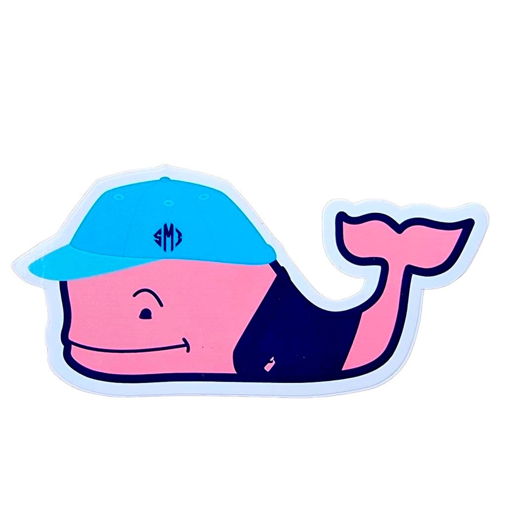 🆕 NWT Vineyard Vines Preppy Dressed Pink Whale with Blue Hat Sticker